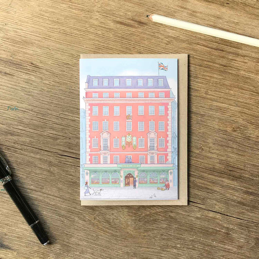 London's Fortnum & Mason store building beautifully illustrated on a greeting card by mike green illustration.