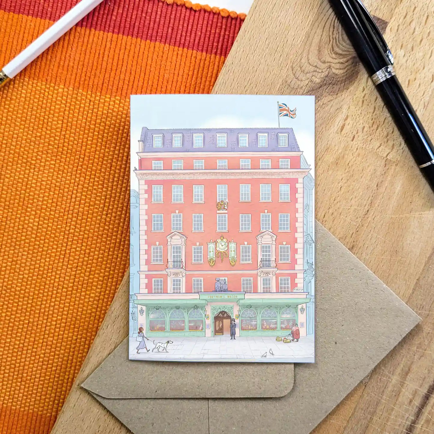 London's Fortnum & Mason store building beautifully illustrated on a greeting card by mike green illustration.