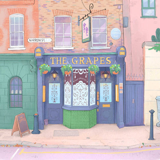 Detail of a wall art print of a painting of the Grapes pub in Limehouse East London