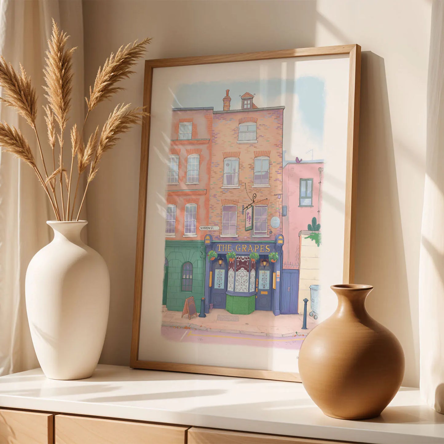 Framed print of an illustration of The Grapes pub in Limehouse East London by Mike Green Illustration