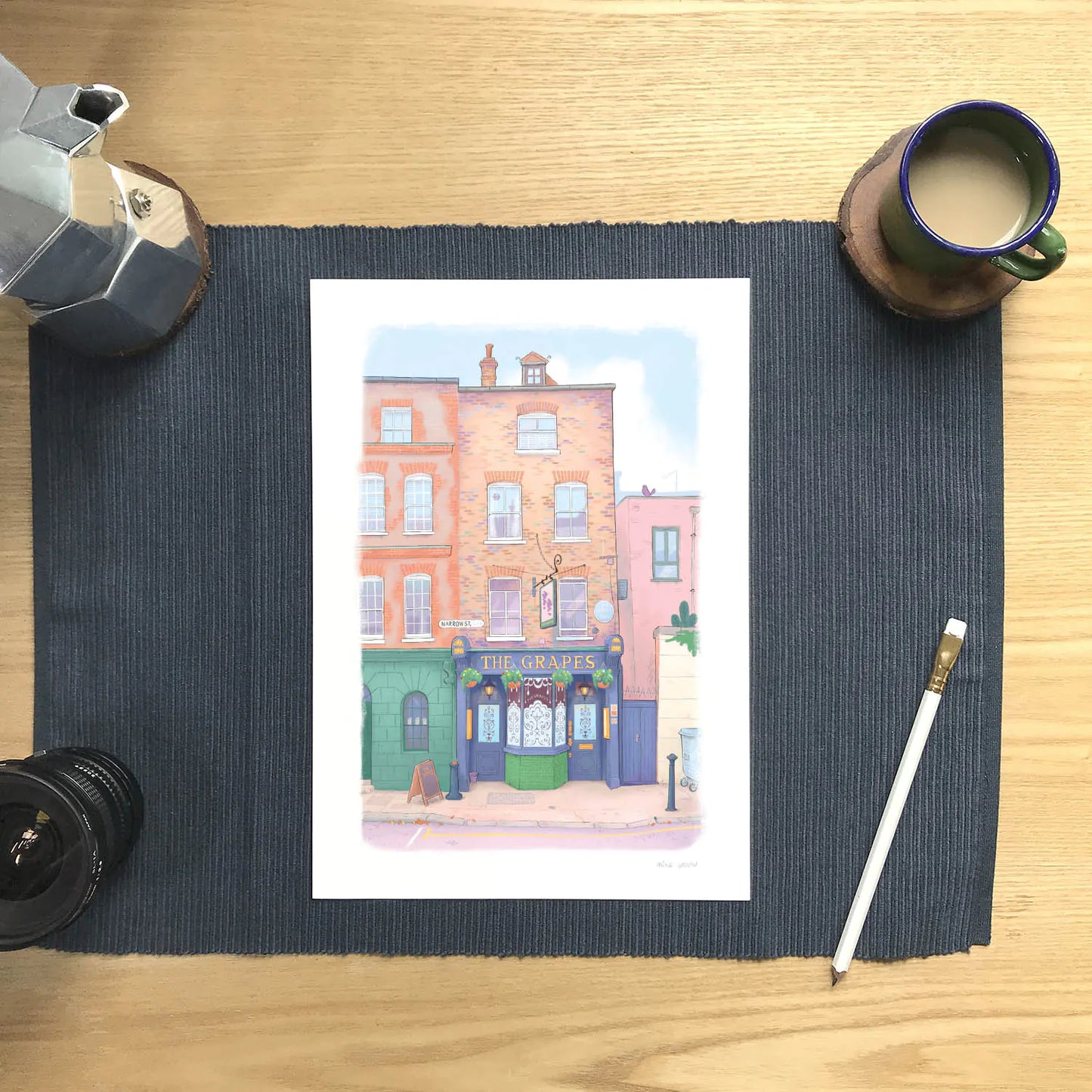 Signed wall art print of an illustration of the Grapes pub in Limehouse East London