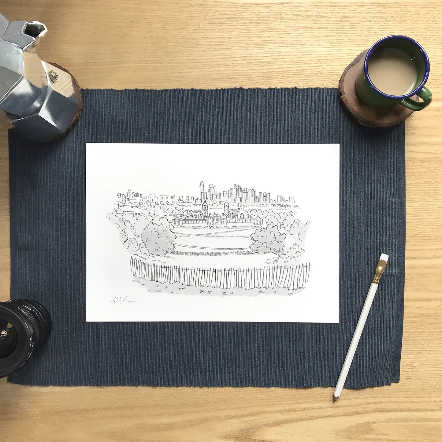 A fine art print of the view from London's Greenwich Park sketched by Mike Green.
