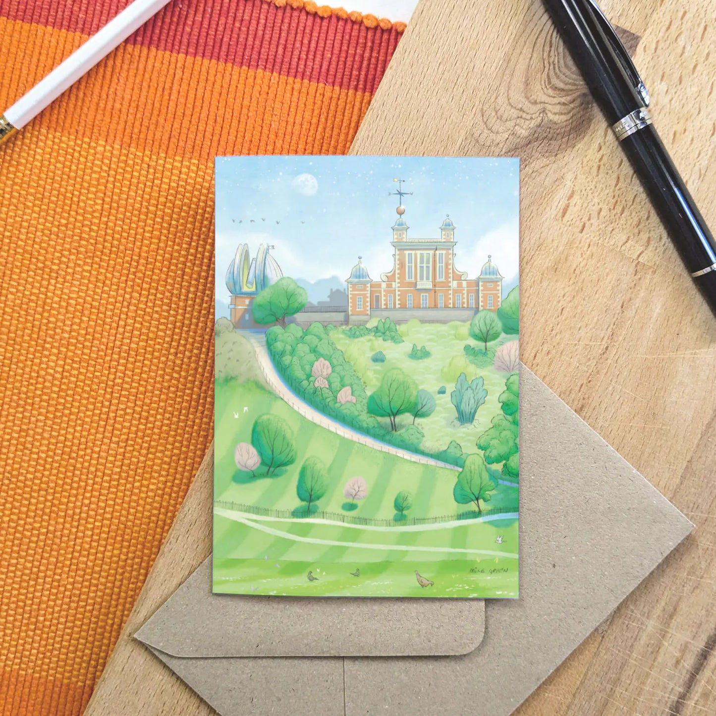 Greetings card with a painting of the Royal Observatory Greenwich Park in London by Mike Green Illustration