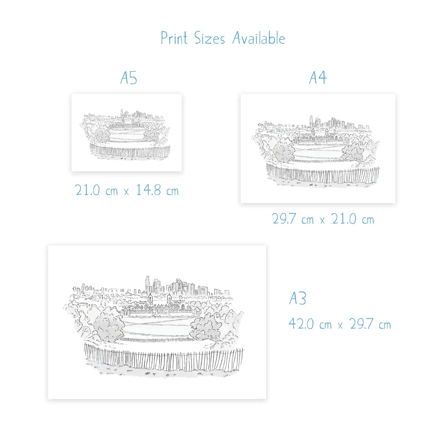 Print dimensions of the view from London's Greenwich Park beautifully sketched by Mike Green.