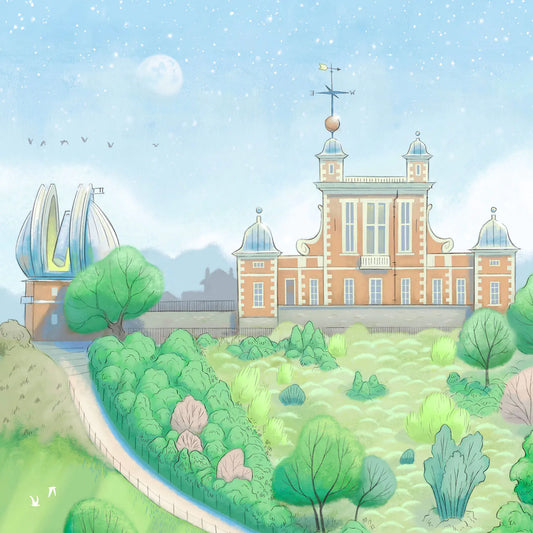 Detail from a painting of the Royal Observatory Greenwich in London by Mike Green Illustration