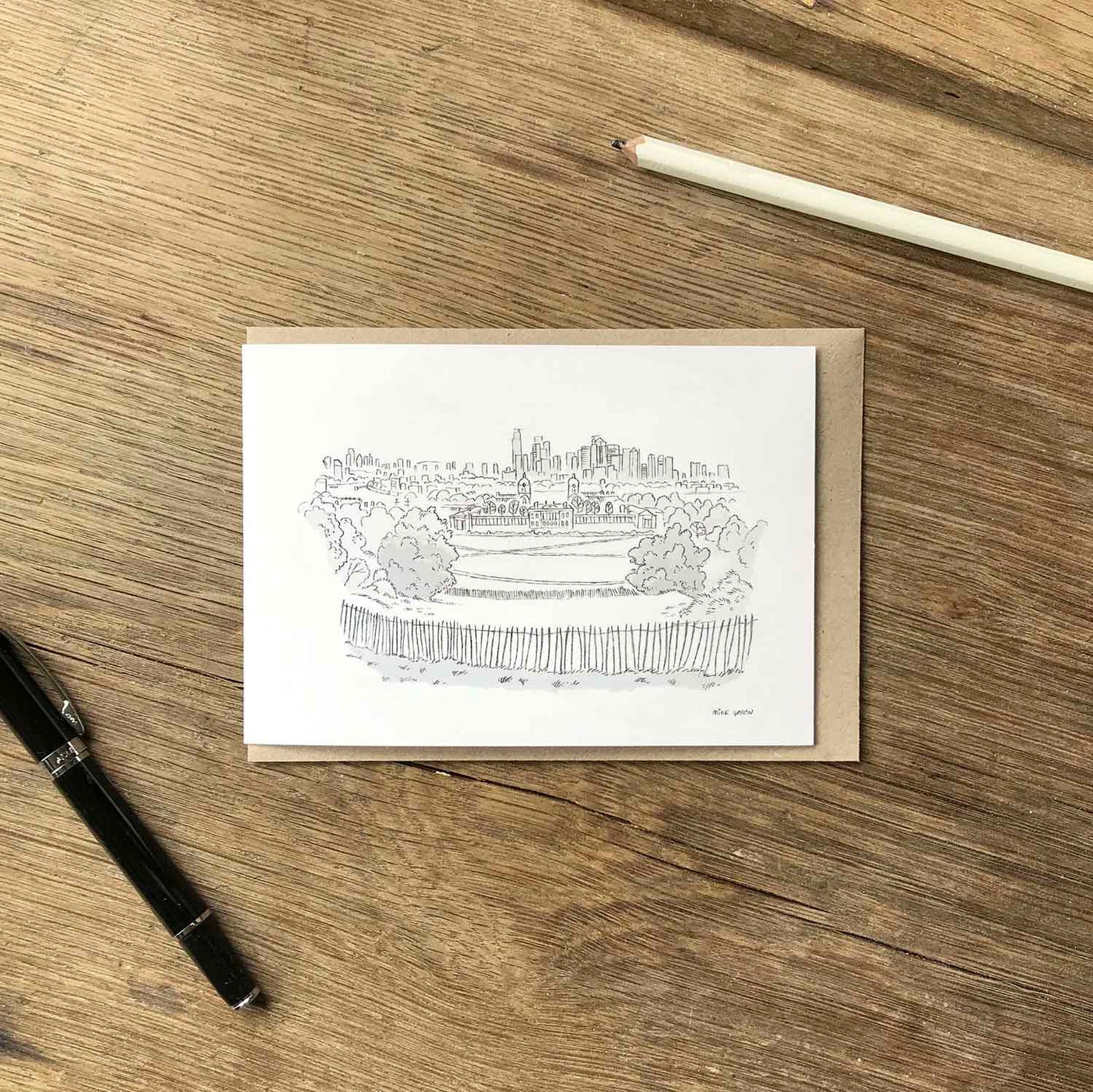The view from Greenwich beautifully sketched on a greeting card by mike green illustration.