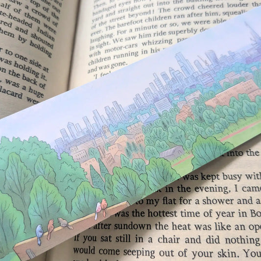 Close up of a view of London from Hampstead Heath Illustrated on a bookmark by Mike Green Illustration