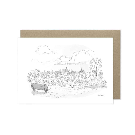 The view from Parliament Hill on Londons Hampstead Heath beautifully illustrated on a greeting card by mike green illustration.