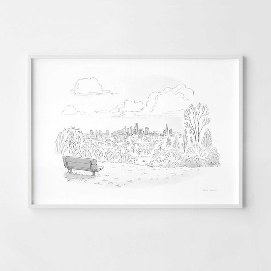 A print of The view from Hampstead Heath beautifully sketched by mike green illustration.
