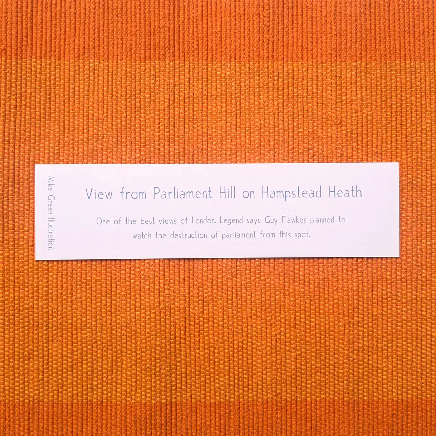 Back of bookmark with an illustration of Hampstead Heath by Mike Green Illustration