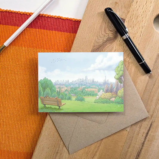 View from Londons Parliament Hill in Hampstead Heath beautifully illustrated on a greeting card by mike green illustration.
