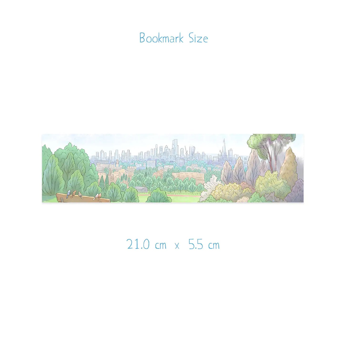 Dimensions for a bookmark with a view of London from Hampstead Heath Illustrated by Mike Green Illustration