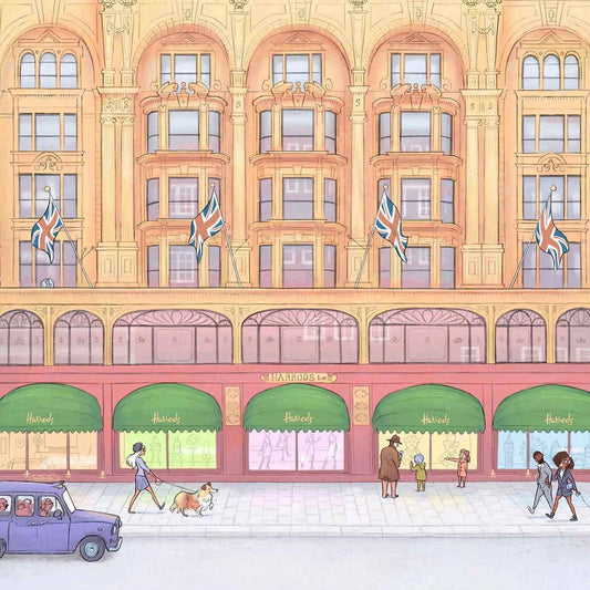 Detail from an art print of an illustration of the Harrods Store London showing the front of the store by Mike Green Illustration