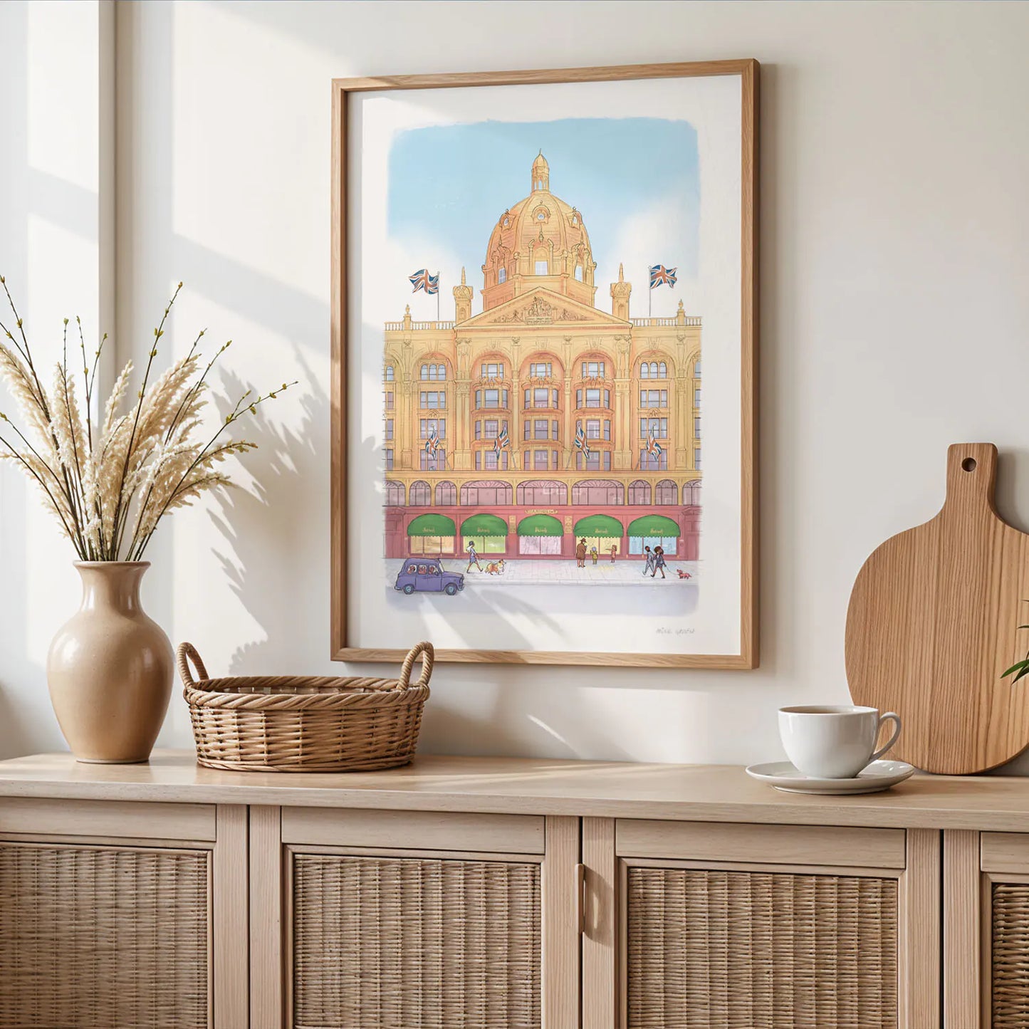 Framed art print of an illustration of the Harrods Store in London Knightsbridge by Mike Green Illustration