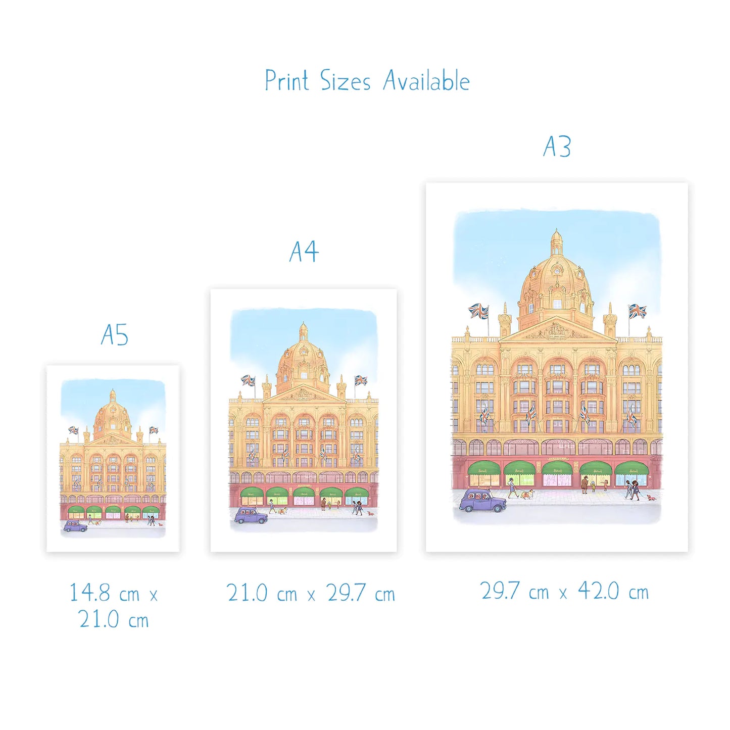 Dimensions and sizes for art prints of an illustration of the Harrods Store in London by Mike Green Illustration
