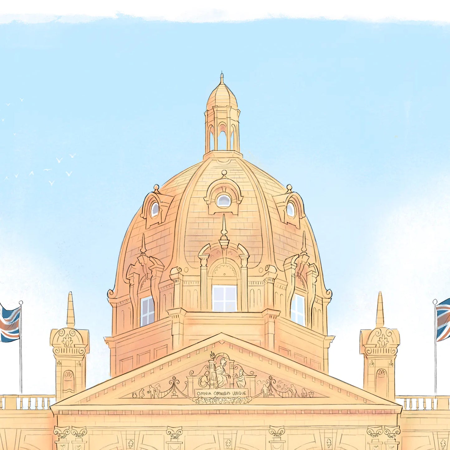 Detail from an art print of an illustration of the Harrods Store London showing the top of the stores building by Mike Green Illustration