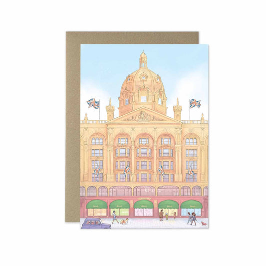 London's Harrods Store beautifully illustrated on a greeting card by mike green illustration.