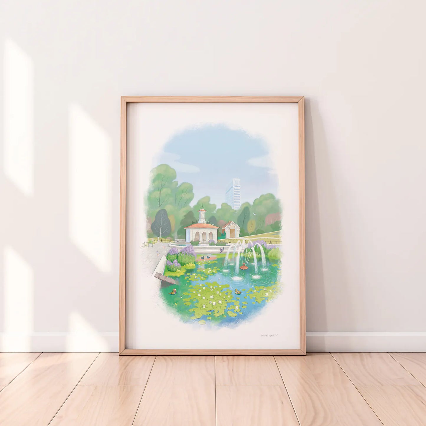 Framed painting of Hyde Park's Italian Garden on the floor