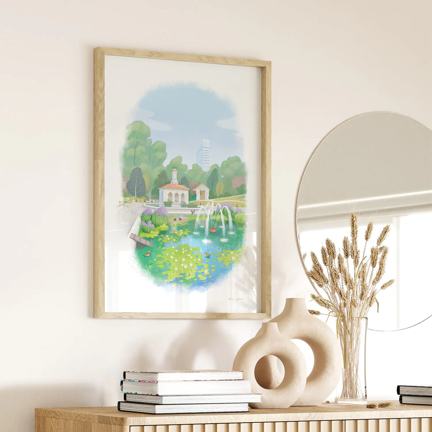 Framed painting of Hyde Park's Italian Garden on a wall