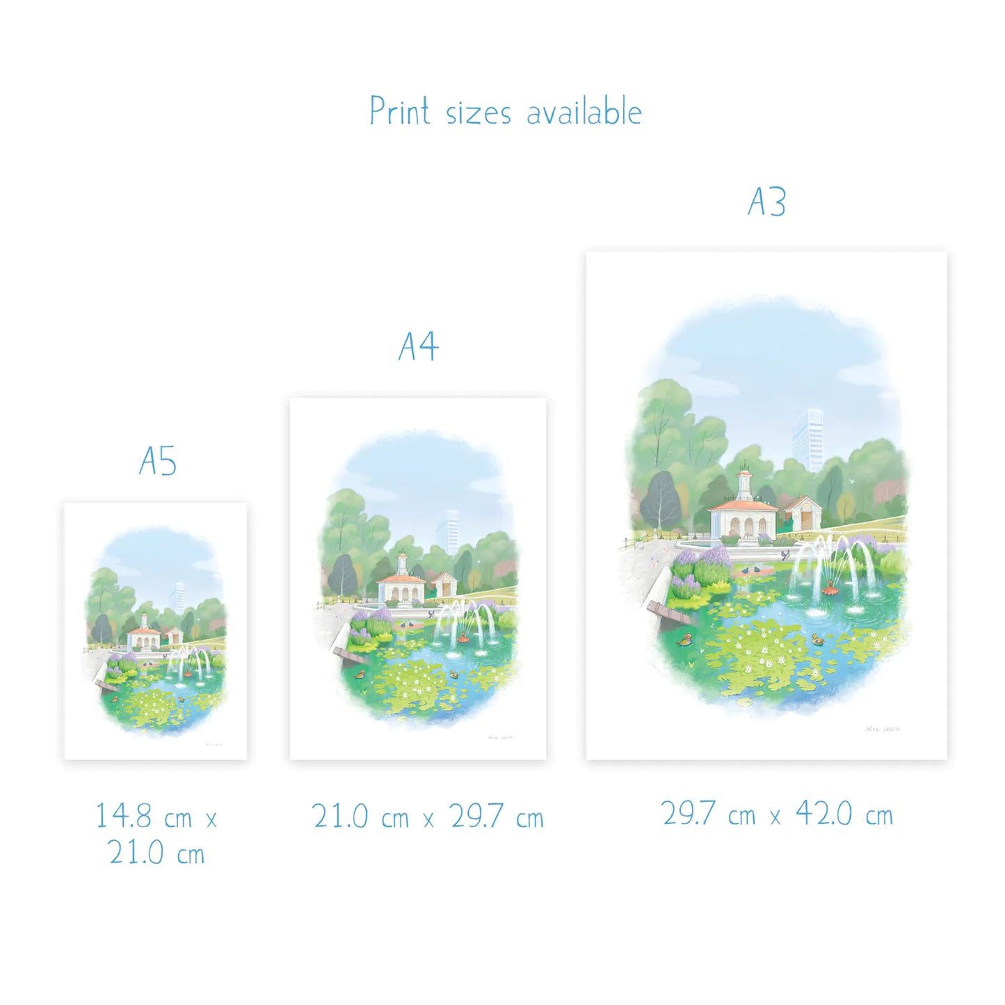 Dimensions for prints of a painting of Hyde Park's Italian Garden by Mike Green Illustration
