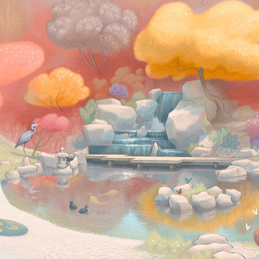 Detail from an art print of a painting of the Japanese Kyoto Garden in Holland Park Kensington London