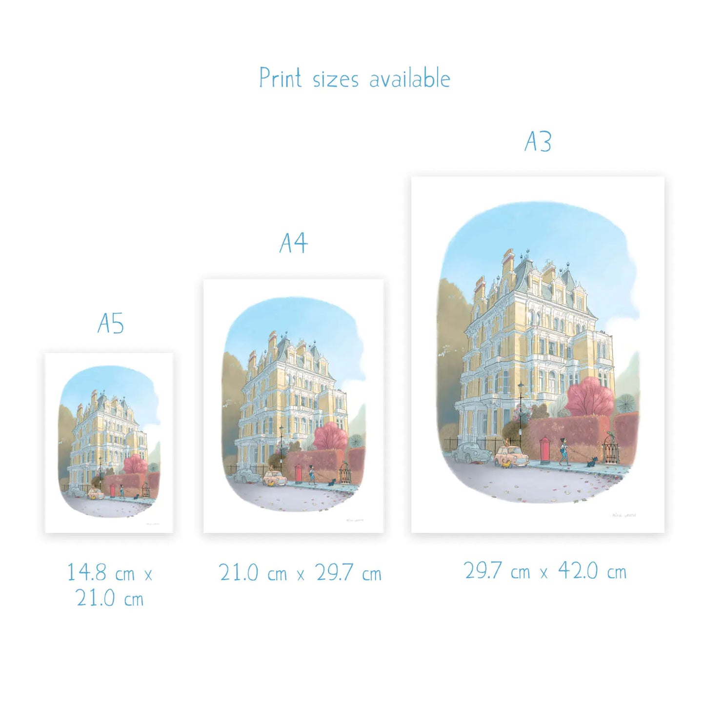 Sizes for a wall art print of a painting of a London Kensington house with a lady, dog and cats