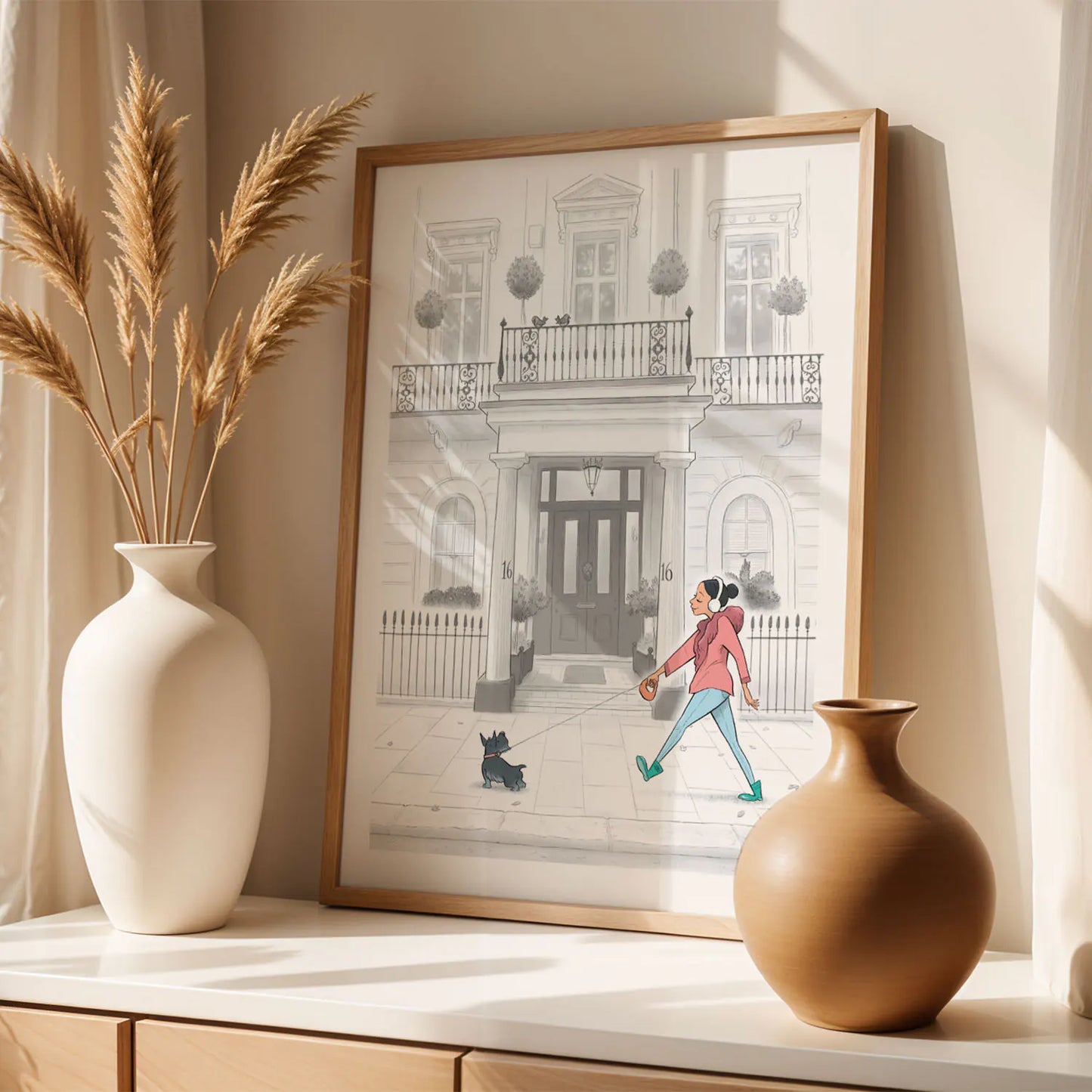 Framed art print of a painting of a lady and her dog strolling past a white house in London's Kensington