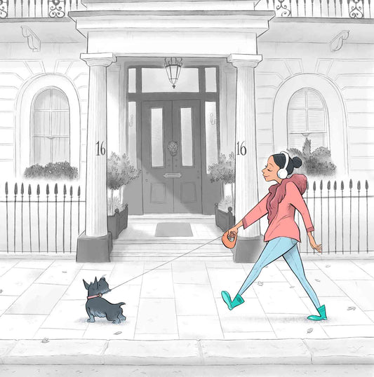 Detail of a painting of a lady and her dog strolling past a white house in London's Kensington