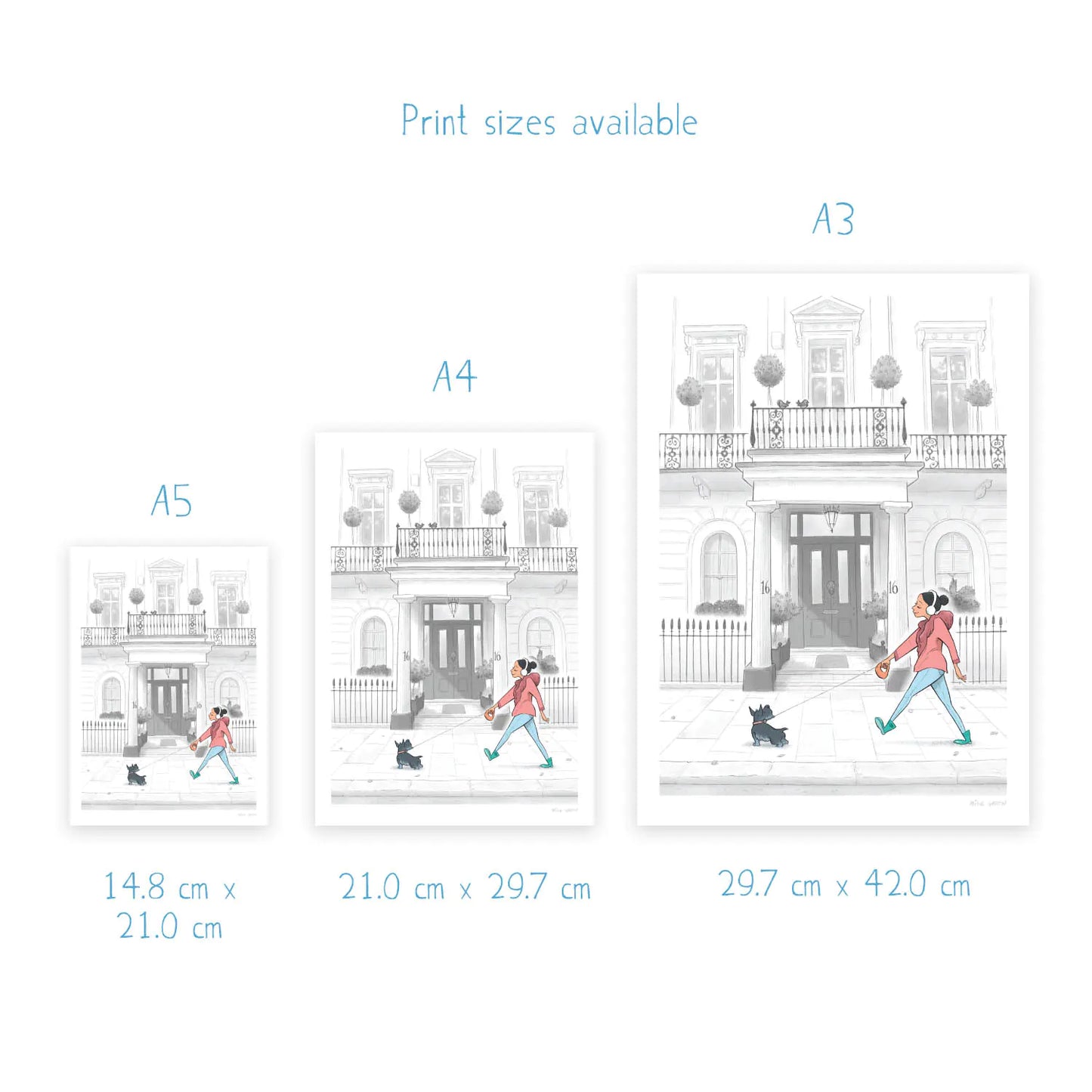 Wall art print sizes for an illustration of a lady walking her dog in London's Kensington