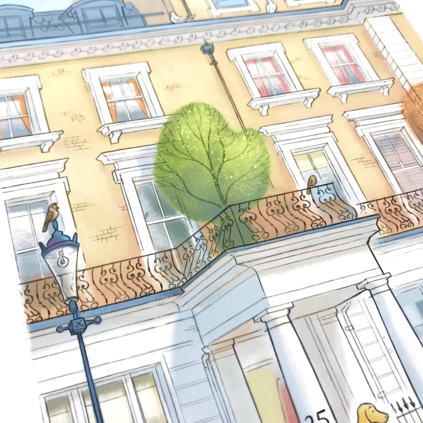 Detail of a wall art print of a Kensington house in London with birds illustration