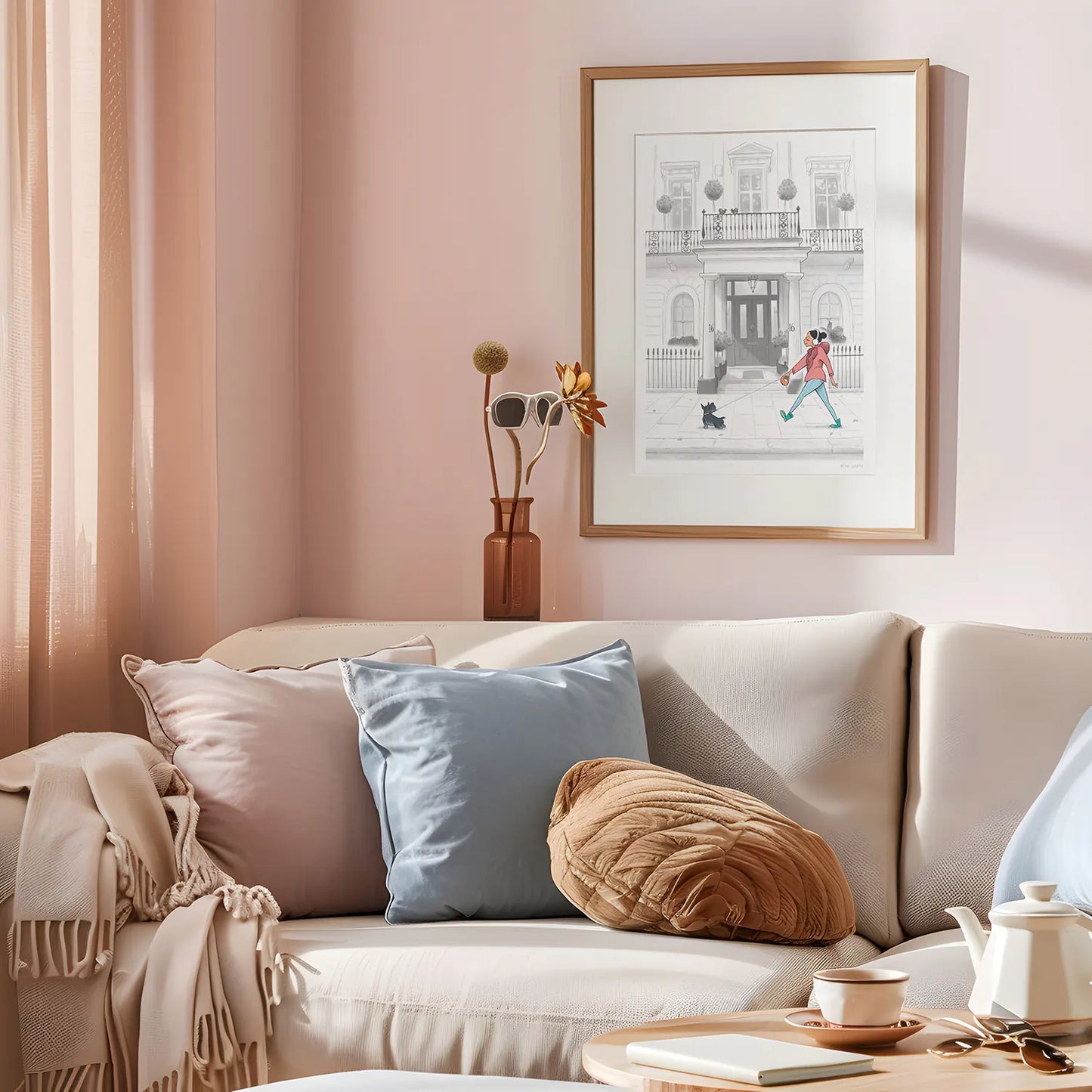 Framed print of a painting of a lady and her dog strolling past a white house in London's Kensington