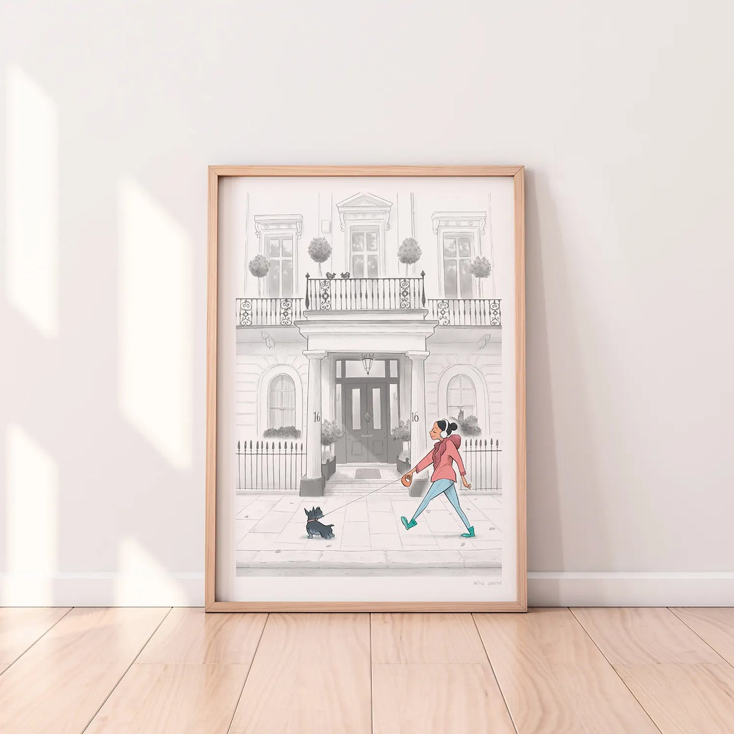 Framed print of a painting of a lady and her dog strolling past a white house in London's Kensington