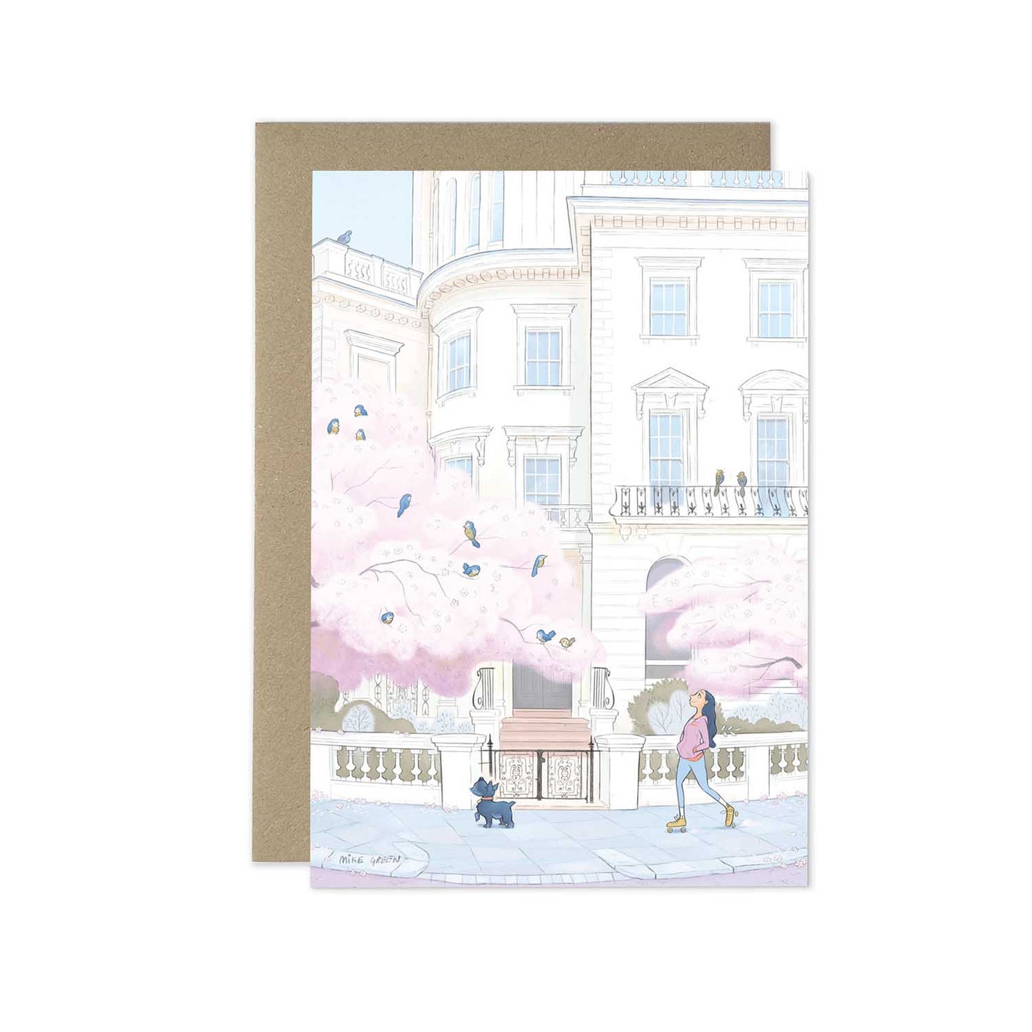 A lady and her dog skates through London's Notting Hill in the spring with a cherry blossom tree.