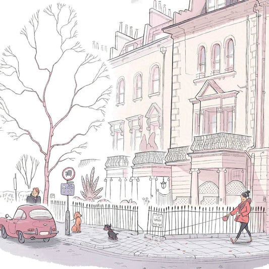 Detail from a romantic painting of a lady and man walking their dogs on a winter time street in London