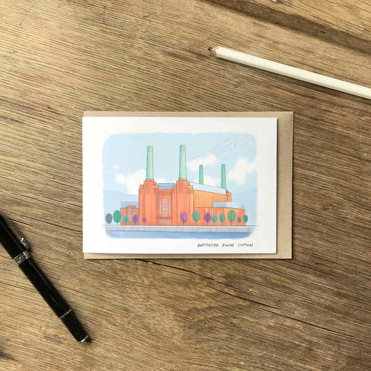 London's Battersea Power Station beautifully illustrated on a greeting card from mike green illustration.
