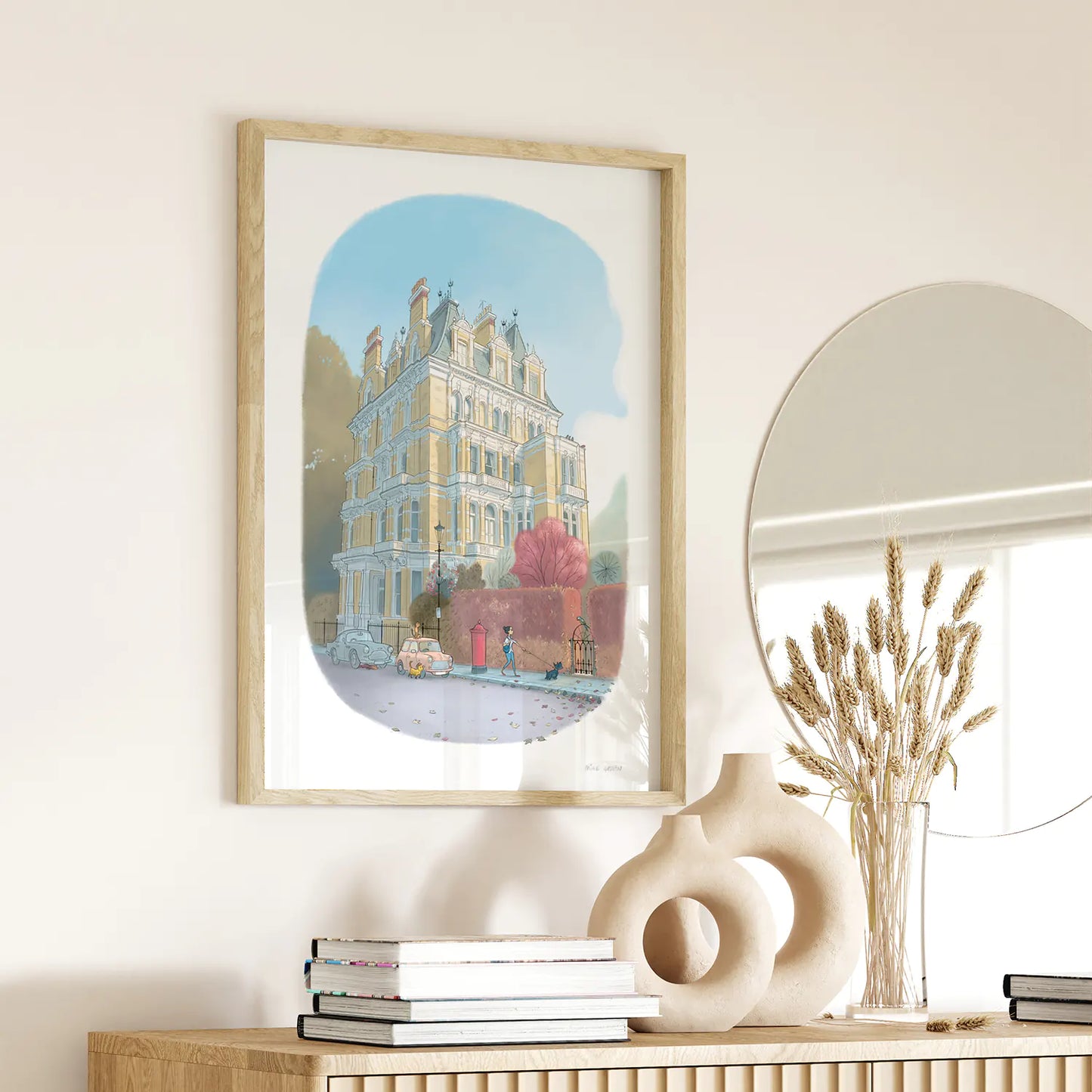 Framed print of a painting of London Kensington's Cornwall House in a hallway