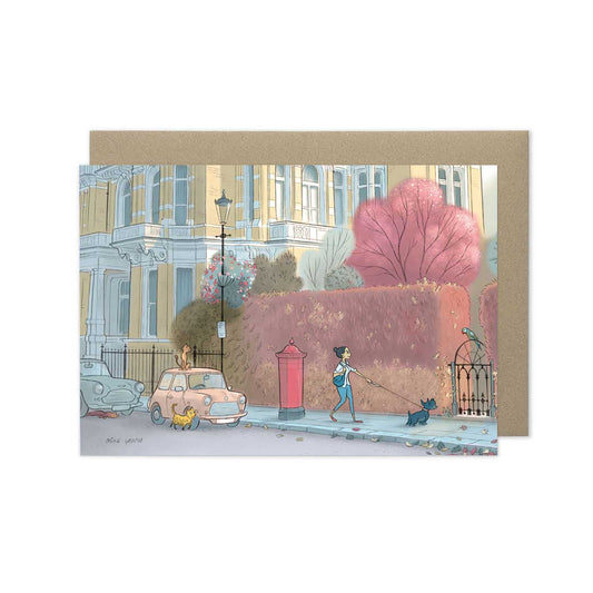 A dog spots a parakeet on a street in London's Kensington in this beautifully illustrated greeting card by mike green illustration.