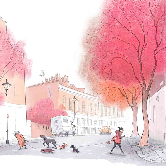 Detail of a painting with 2 dogs catching up on a red tree lined street in London