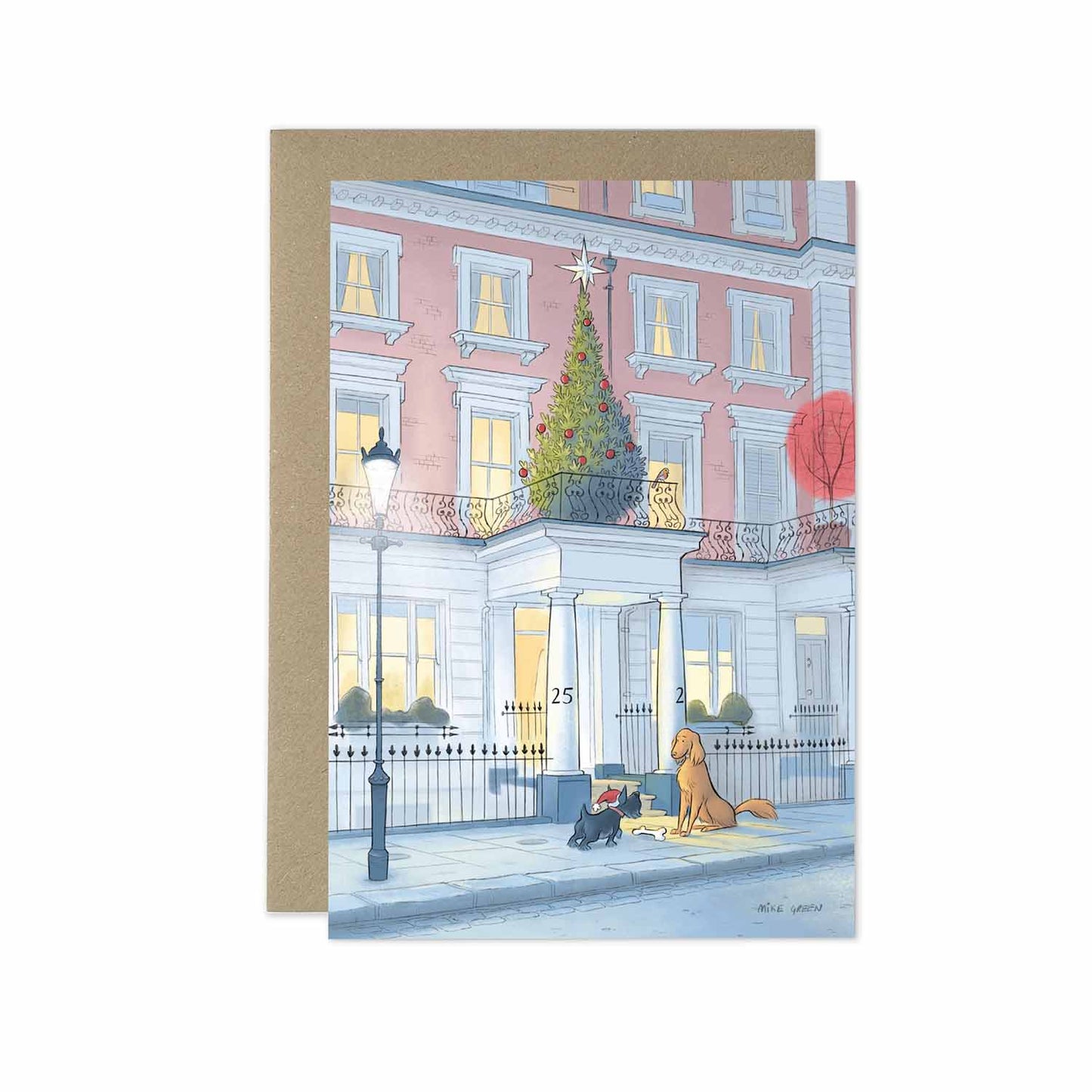 On a quiet lamp lit street in London's Kensington one dog (with a very cute Christmas hat) delivers a special Christmas gift to their best friend on this beautifully illustrated greeting card by mike green illustration.