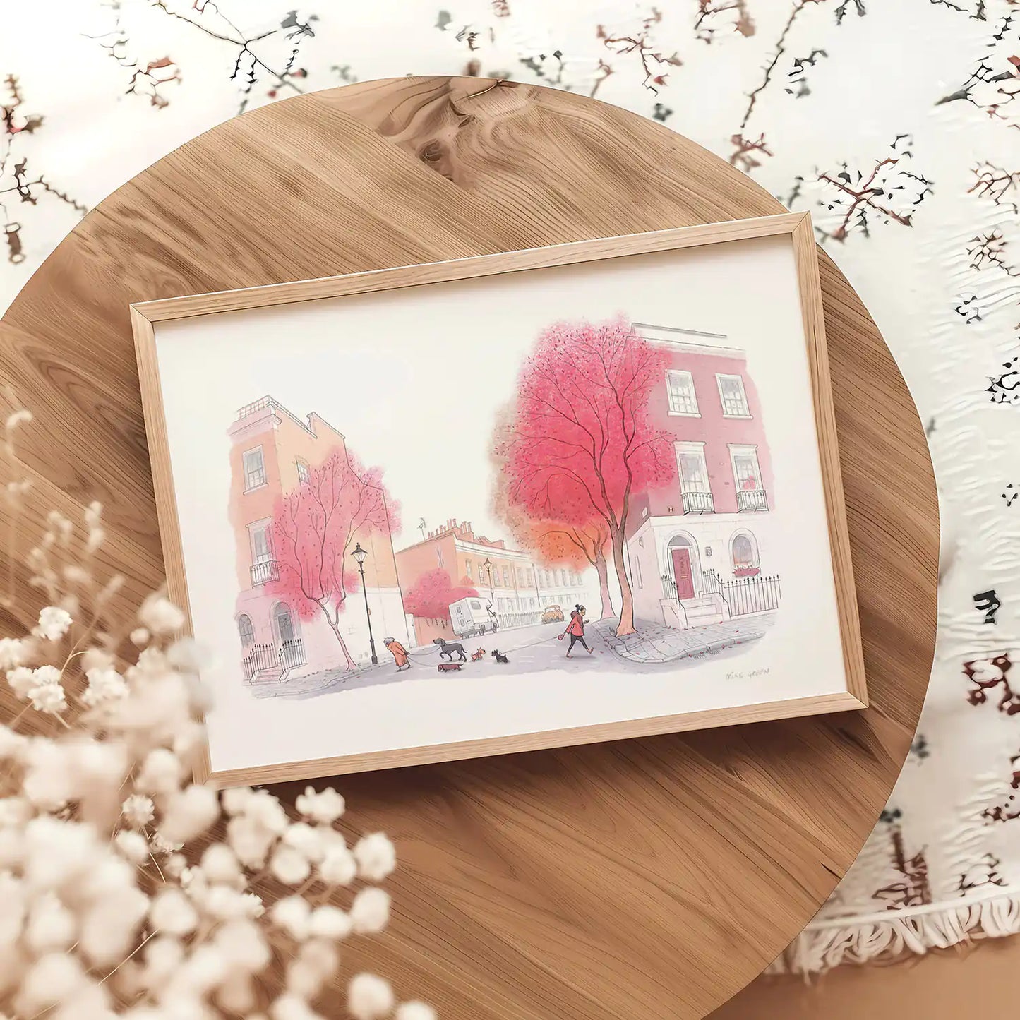 Framed Illustration with 2 dogs catching up on a red tree lined street in London