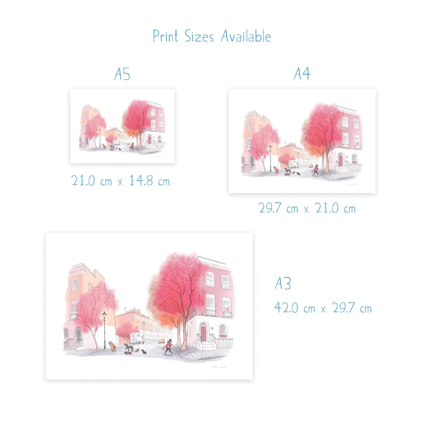 Dimensions for a print with dog walkers in london and red trees