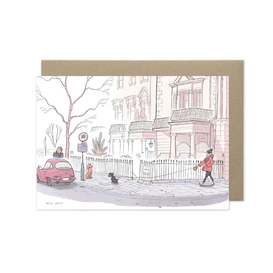 Dog walkers on a street in London's Kensington street beautifully illustrated on a greeting card by mike green illustration.