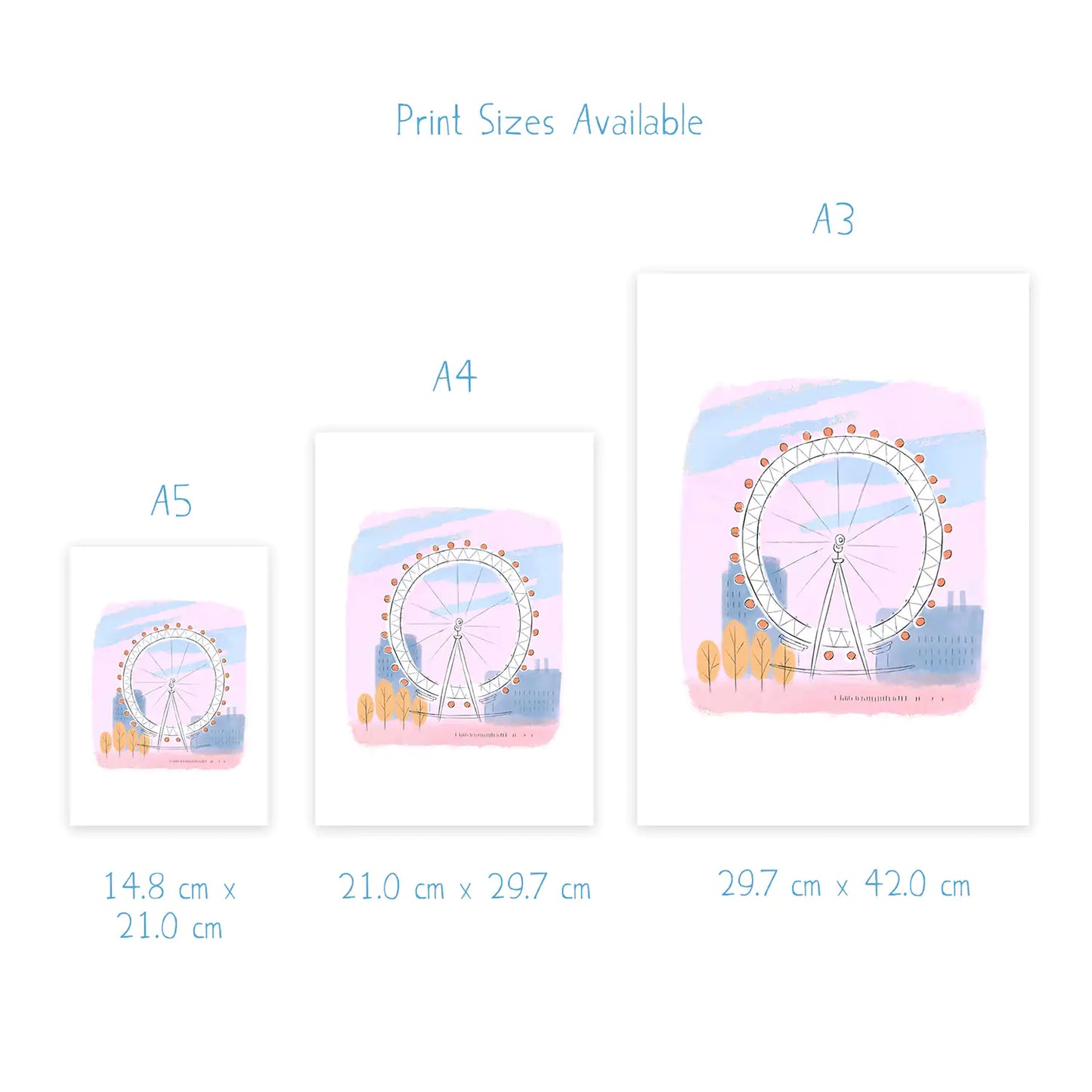 Dimensions for art prints of the London Eye landmark painted by Mike Green Illustration