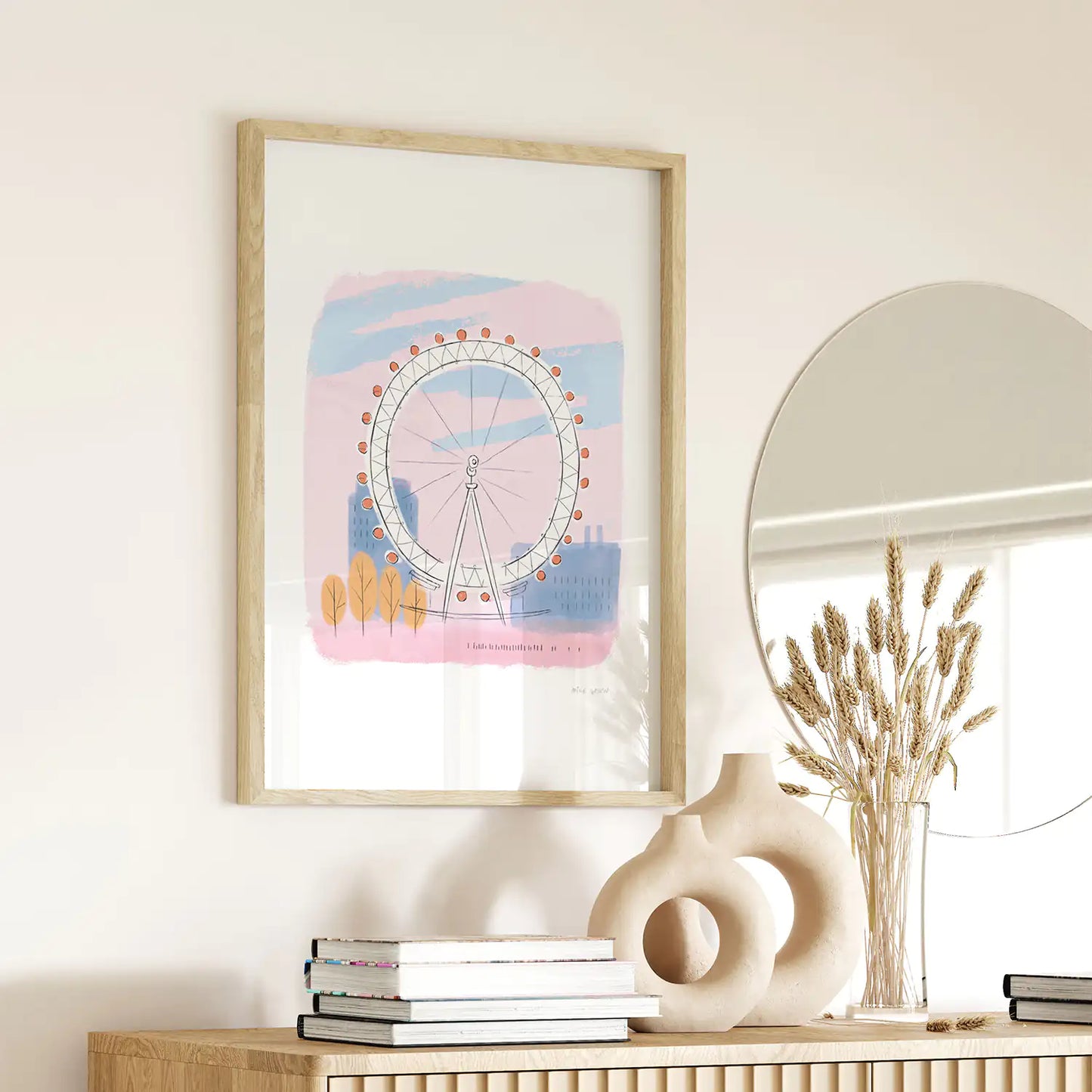 Framed print of the London Eye landmark painted by Mike Green Illustration