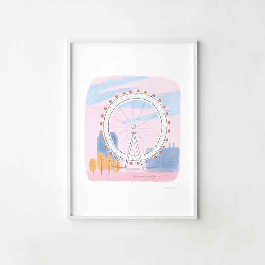 A print of the London's Eye colourfully illustrated by Mike Green.