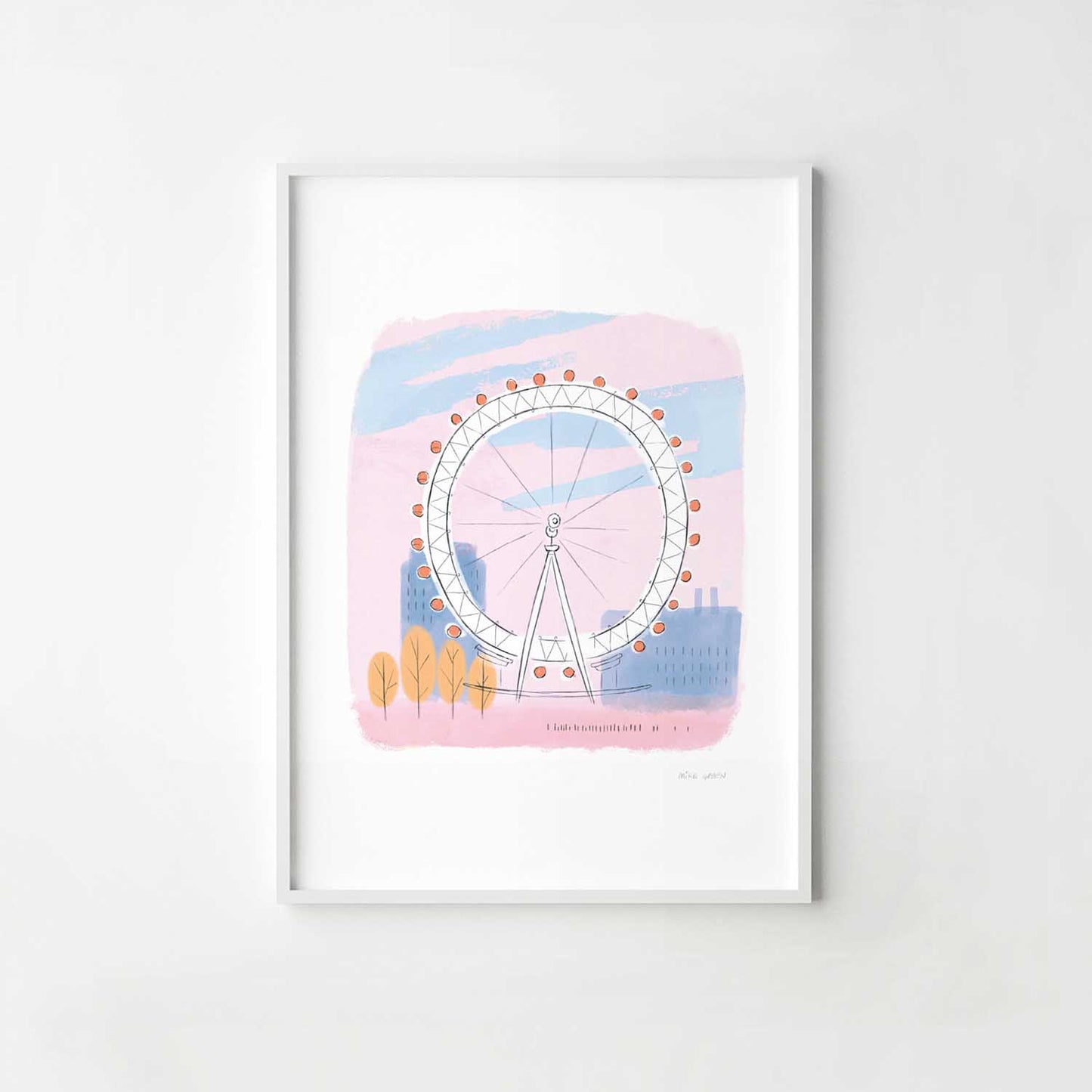 A print of the London's Eye colourfully illustrated by Mike Green.