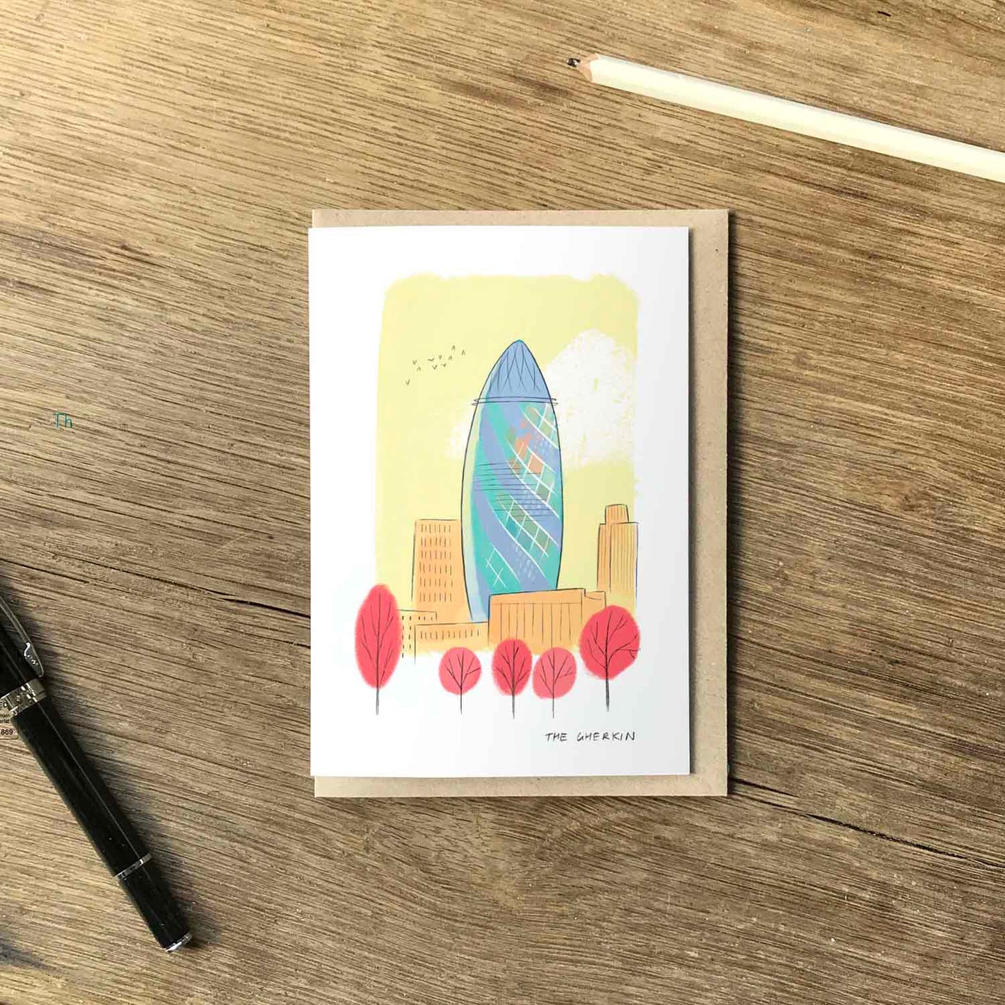 London's the Gherkin beautifully illustrated on a greeting card from mike green illustration.