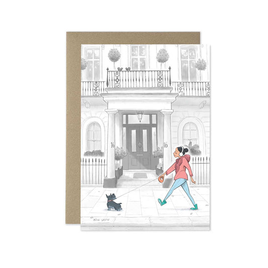 A lady and her terrier dog stroll through London Kensington in this beautifully illustrated greeting card by mike green illustration.