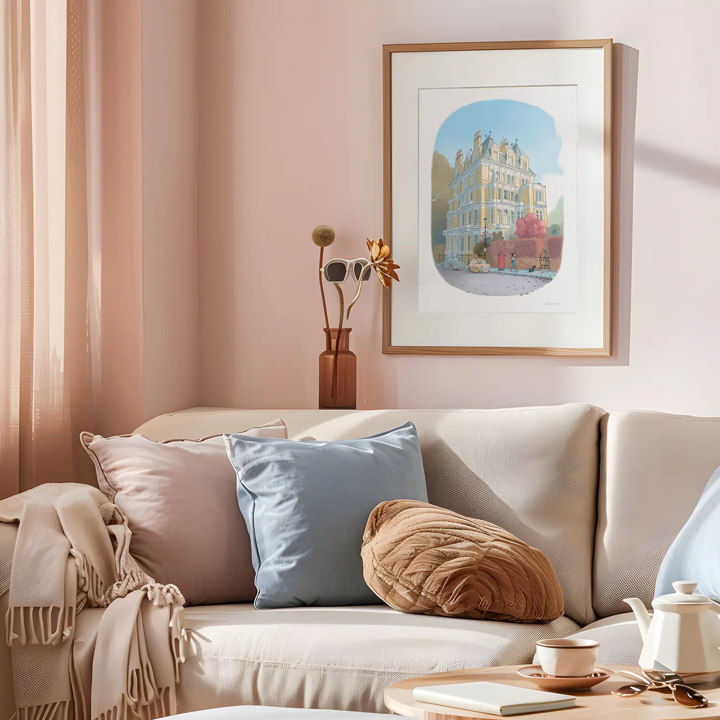 Framed print of a painting of London Kensington's Cornwall House in a living room