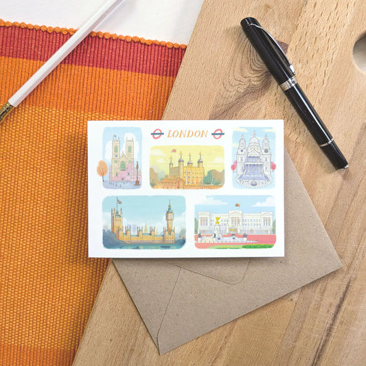 Greetings Card with London Landmarks, Westminster Abbey, Tower of London, St Paul's Cathedral, Palace of Westminster, and Buckingham Palace.
